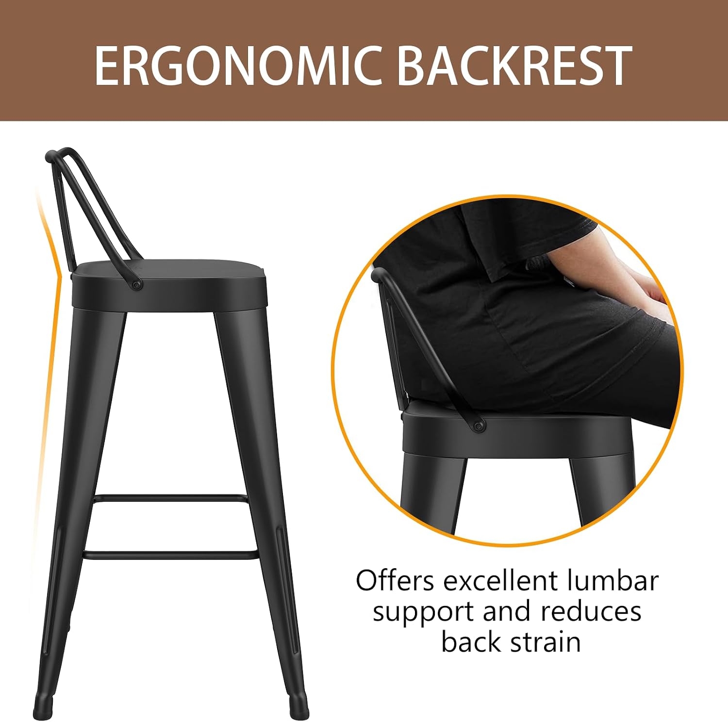 24 Inch Metal Bar Stools Set of 4, Industrial Metal Bar Stools with Low Back, Counter Height Bar Stools for Kitchen Island, Restaurant, Bar (Black)