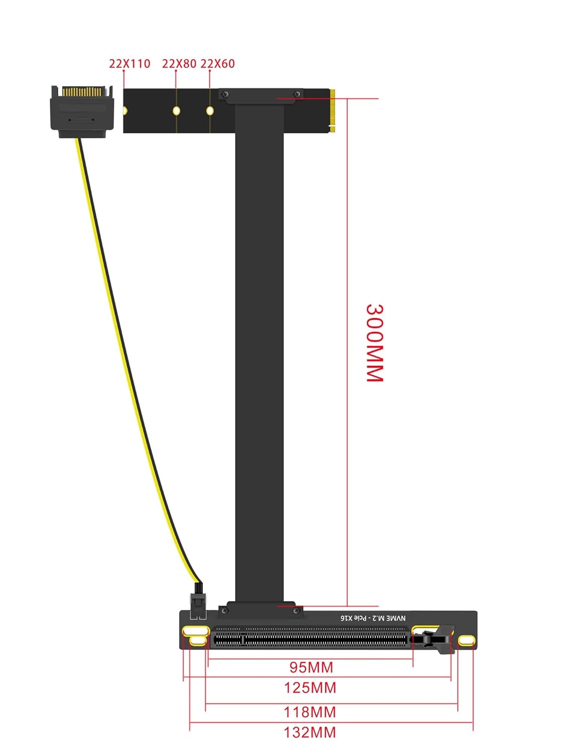 GLOTRENDS 300mm M.2 Key M to PCIe 4.0 X16 Riser Cable with SATA Power Cable, Not Support M.2 SATA Slot