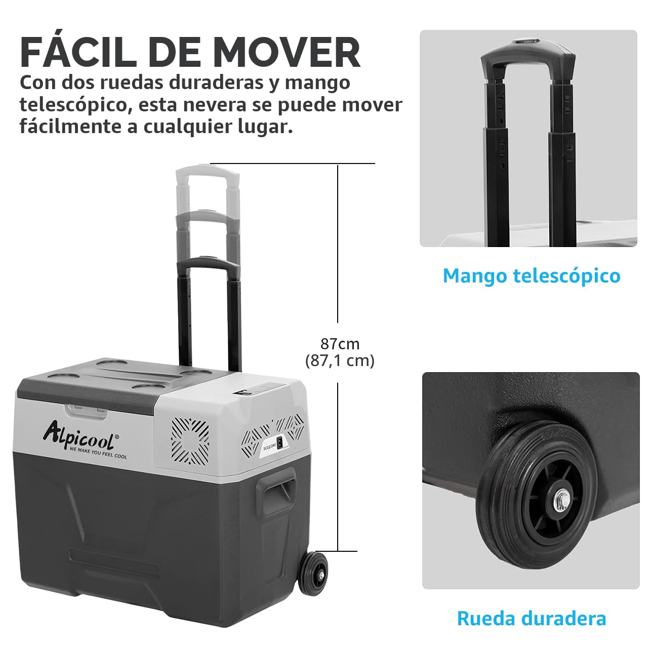 Alpicool CX40 40 litros Nevera portátil 12 V, para Coche, Camping, camión, Barco y Enchufe con conexión USB, Barra telescópica, Rueda