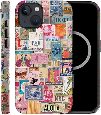 Case Compatible with iPhone 14 Plus,Compatible with MagSafe,Fall Prevention Hybrid 2-Layer Hard Shell Cases for Girls Boys,Vintage Stamp Collage Bird Butterfly