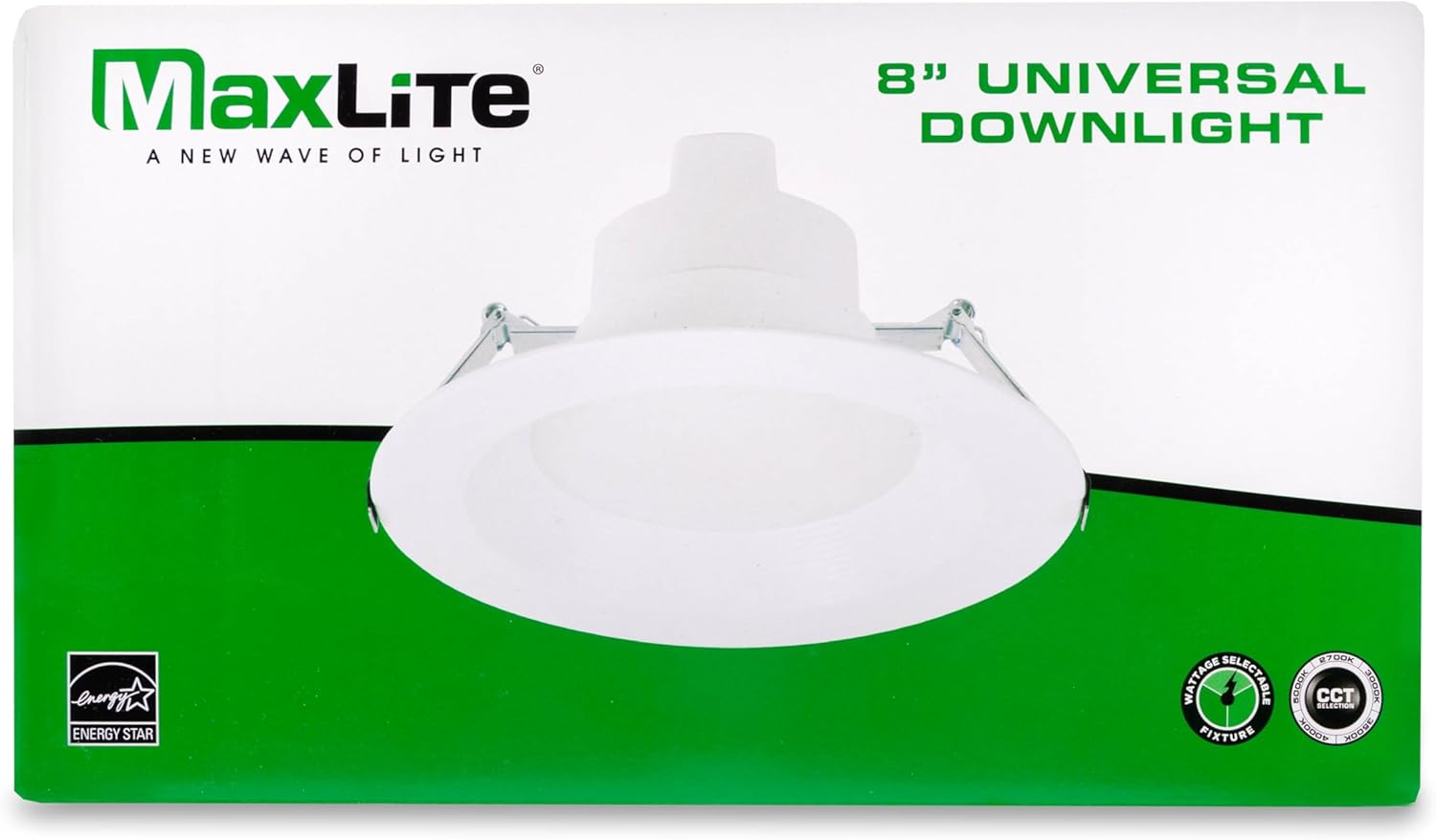 Maxlite RCF8T18WCS Universal Downlight 8 Inch LED Recessed Light - White, Canless, 2700K, 3000K, 3500K, 4000K, 5000K CCT Selectable, 120-277V, Dimmable to 10%, Wet Location Suitable, 110 Degree Angle