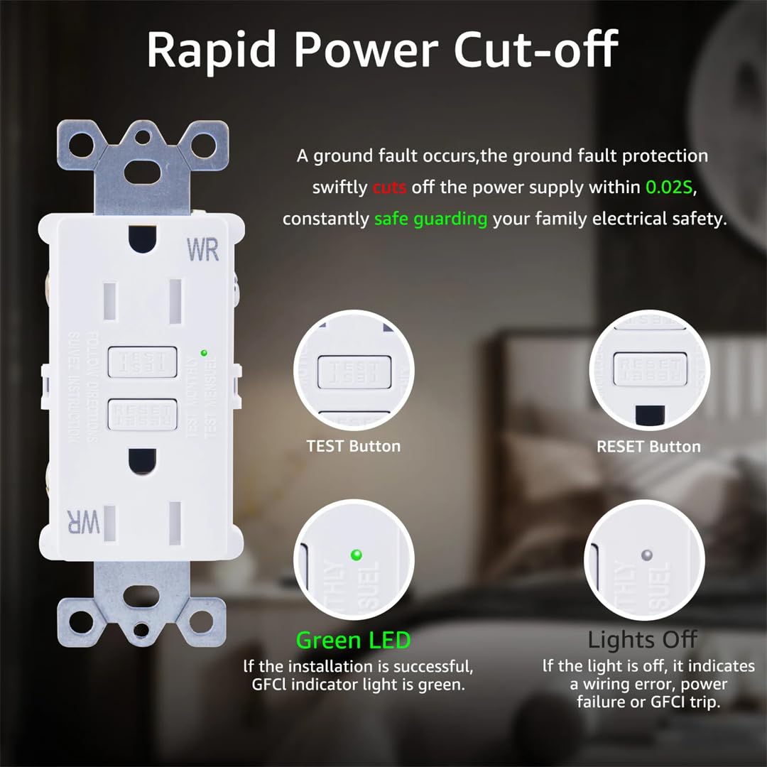 Prise GFCI Blanche 15 A 20 A Avec Indicateur LED, Plaque Murale, Multiprise Pour La Maison, La Cuisine, Le Bureau, La Décoration