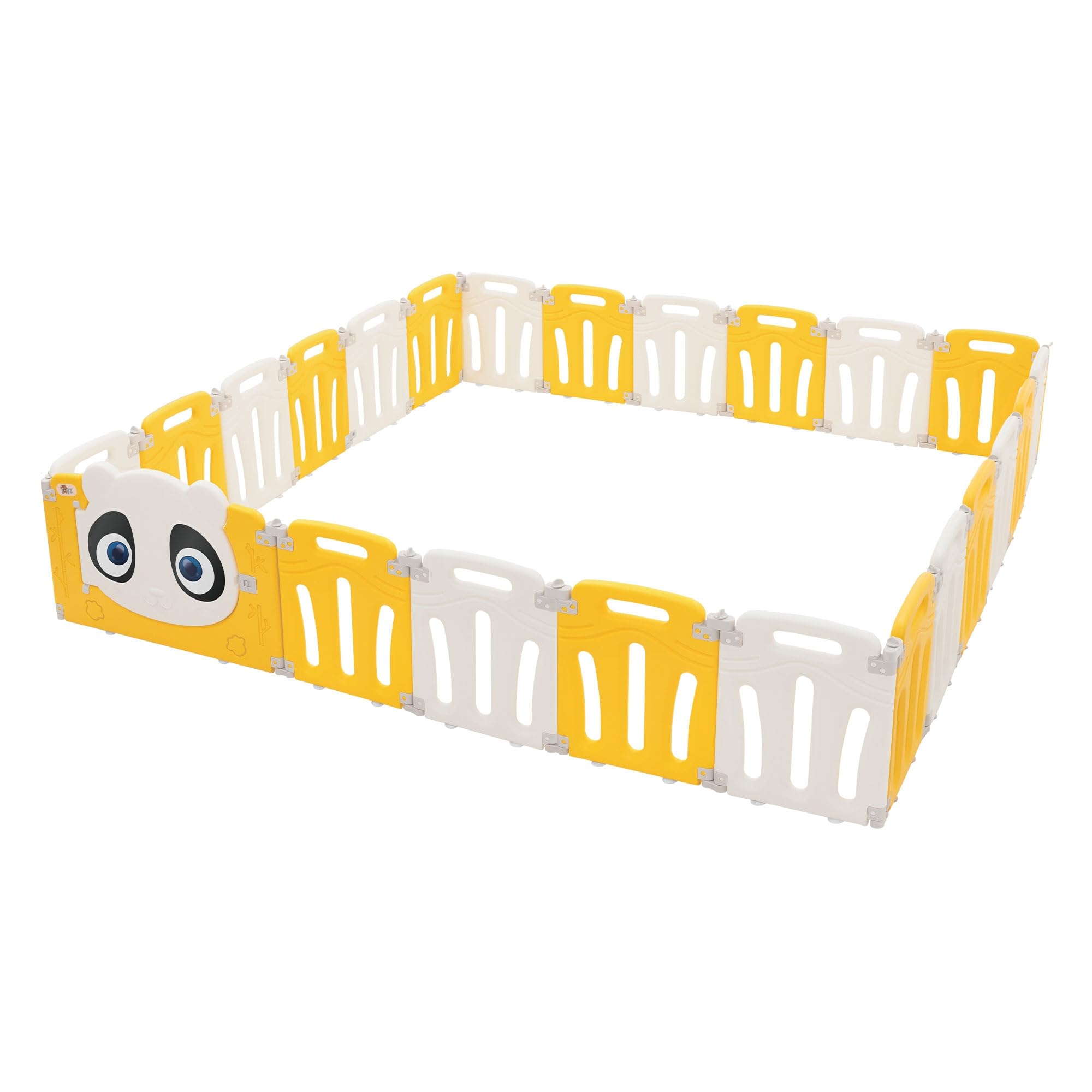 Joyz Laufstall Baby 240×240 cm, Laufgitter faltbar, Panda-Design, Weiß-Gelb, Absperrgitter mit Tür und Lernuhr, Playpen aus Kunststoff, Babyzaun, Kinderlaufstall Innen/Außen, Krabbelgitter für Kinder