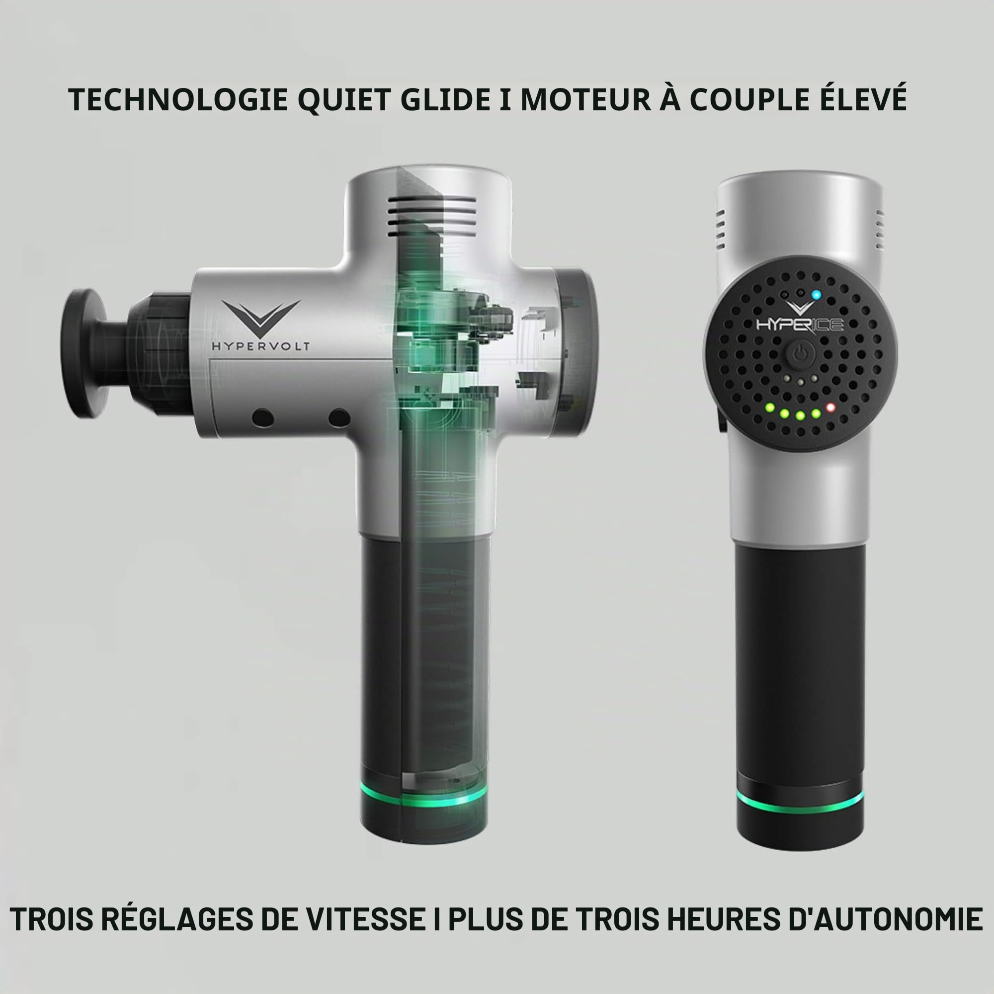 Hyperice Hypervolt Appareil de massage avec glide calme, pour la percussion des mains, 3 niveaux de vitesse, 5 têtes interchangeables