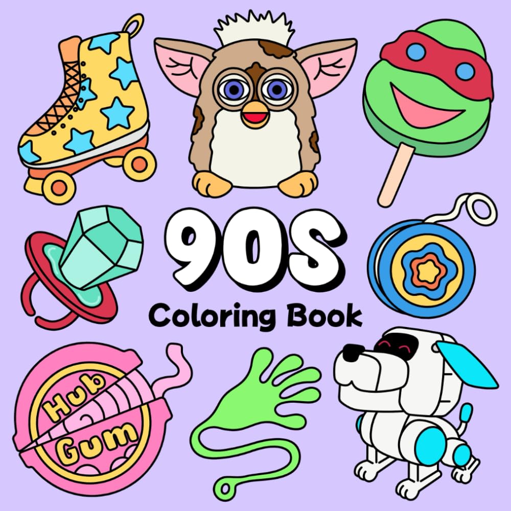 90s Coloring Book: Relive Nostalgic Moments and Relax with Easy and Bold Designs Inspired by Retro Pop Culture to Relieve Stress for Adults and Kids