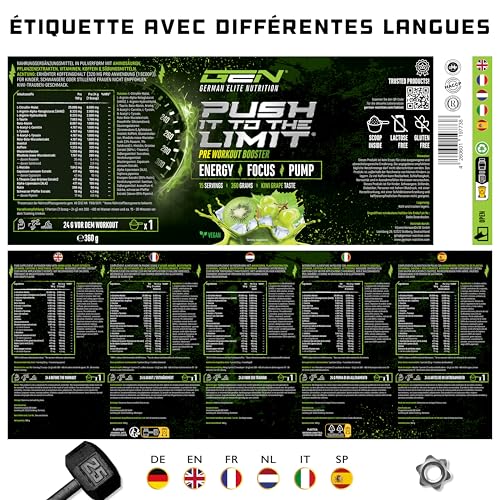 Push it to the Limit - Pre Workout avec L-Arginine + Citrulline + L-Tyrosine + L-Théanine + L-Carnitine + AAKG + Taurine + Racine de Rhodiola + Caféine - Haute dose - 360g - Kiwi raisin – Image 8