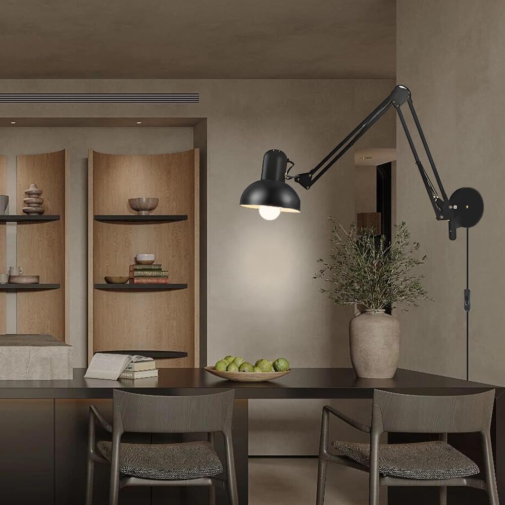Black Industrial Swing Arm Wall Light Nordic Adjustable Long Arm Wall Sconces Lamp Metal Double-arms Folding Architect Work Wall Mount Lighting for Bedroom Reading Living Room