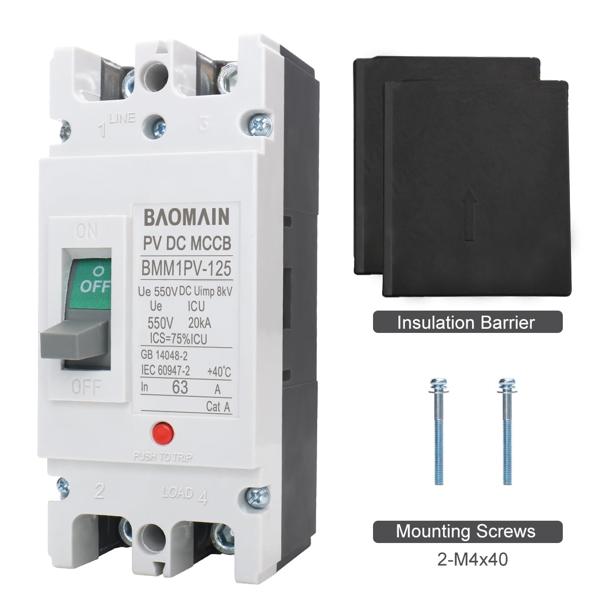 Baomain 63A DC Circuit Breaker 2 Pole 550V, Moulded Case Battery Disconnect Switch for Off-Grid Solar System, Marine Boat Trolling Motor, RV ATV Trailer BMM1PV-125 (63 Amp)