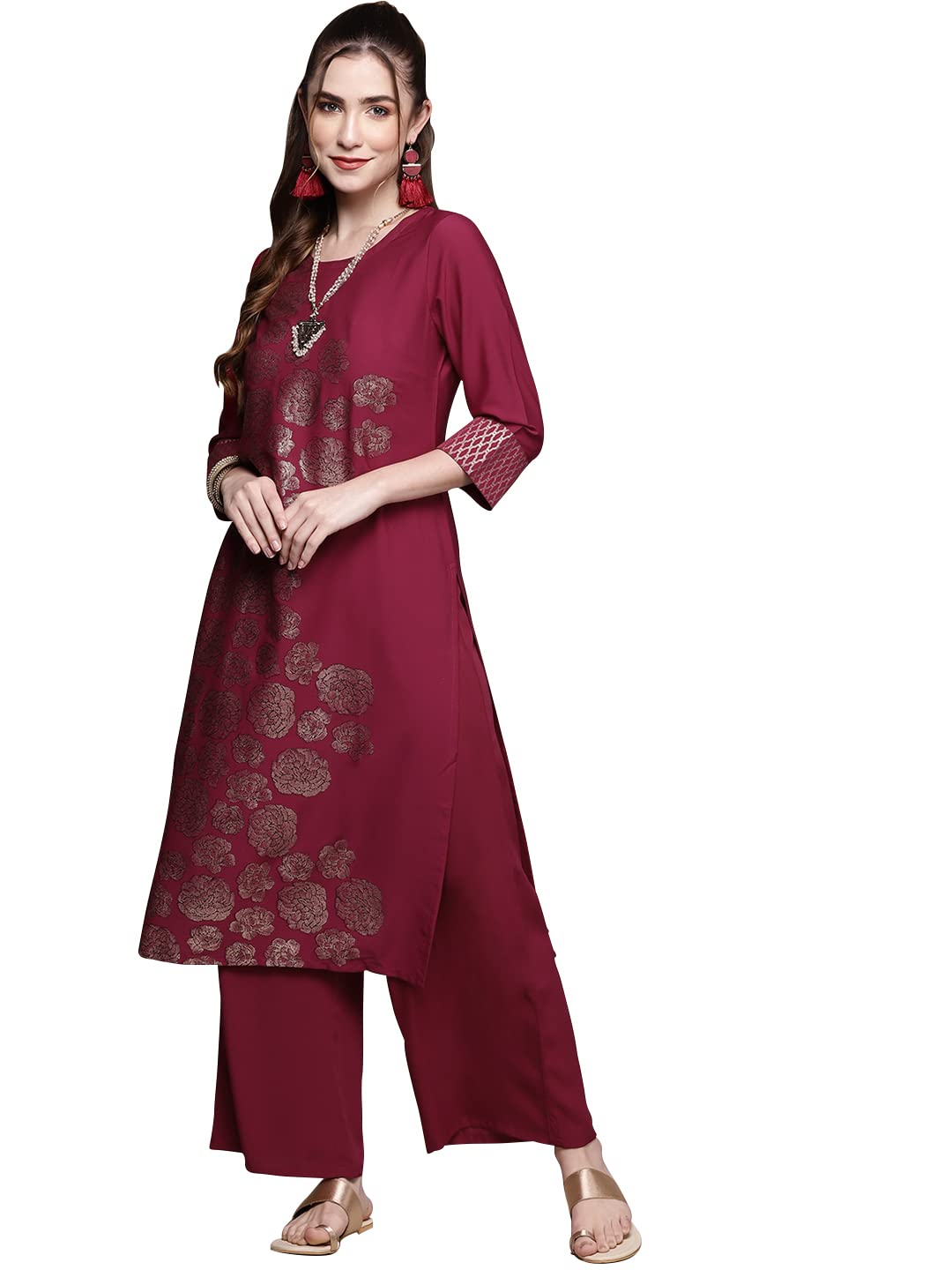 ZIYAAWomen Women's Dark Pink Color Straight Kurta and Palazzo Set