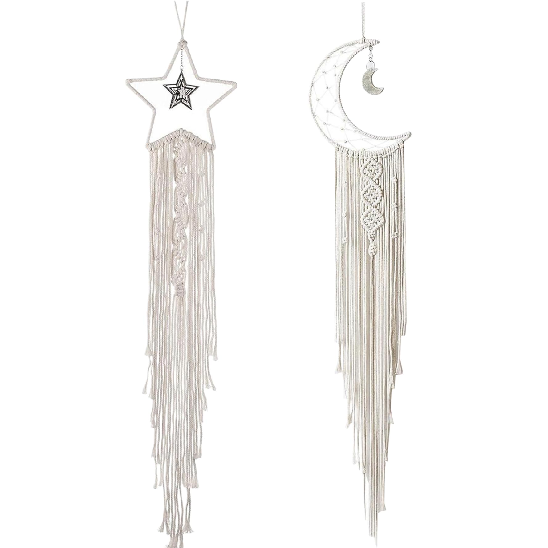 Otbushit Girls 2Pcs Dream Catcher Wall Decor Moon Star With Light 39 Inch Macrame Wall Hanging With Fringe Boho Room Decor For Women