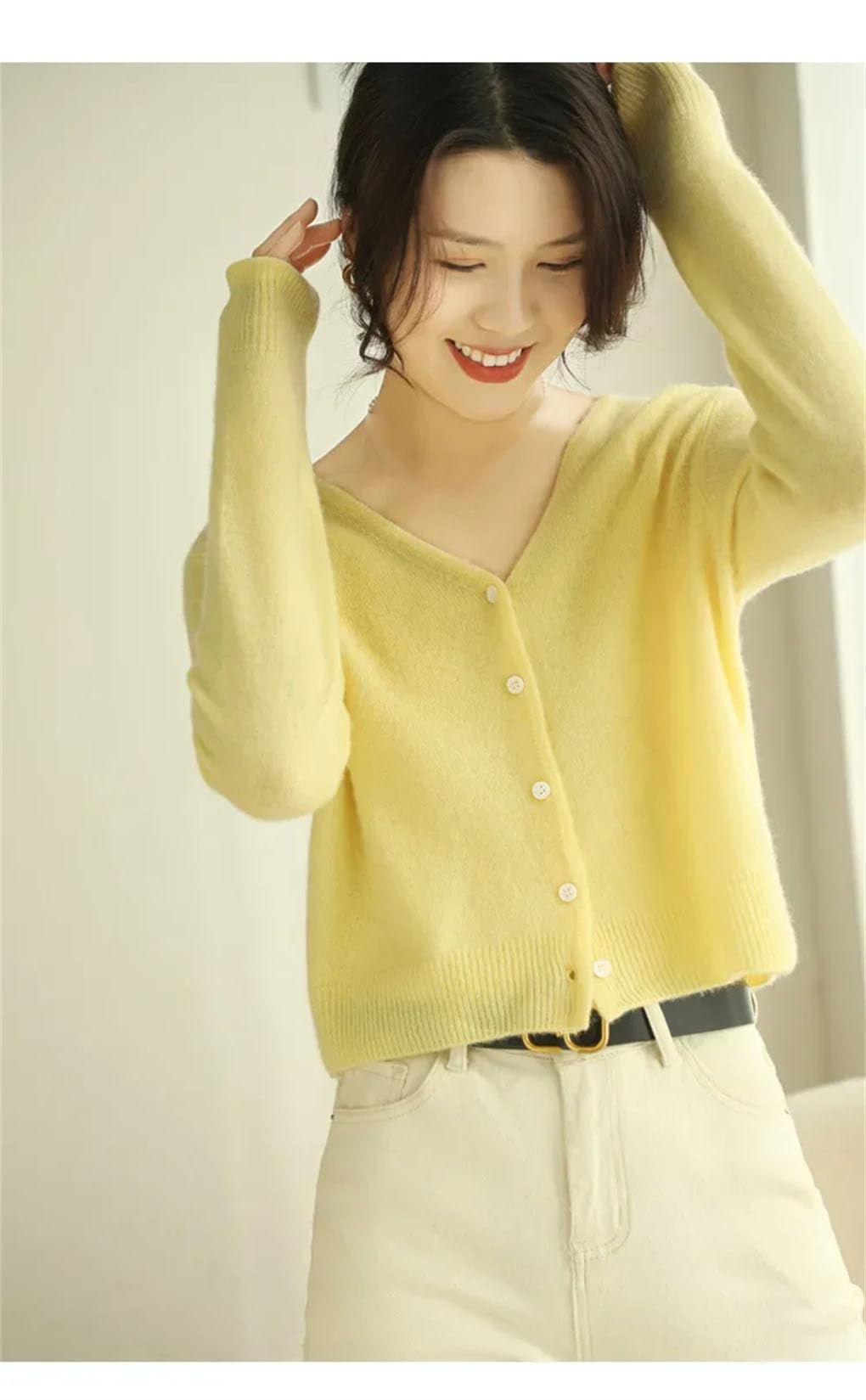 Cárdigan de cachemira para mujer, color liso, de punto, ajustado, manga larga, cuello en V