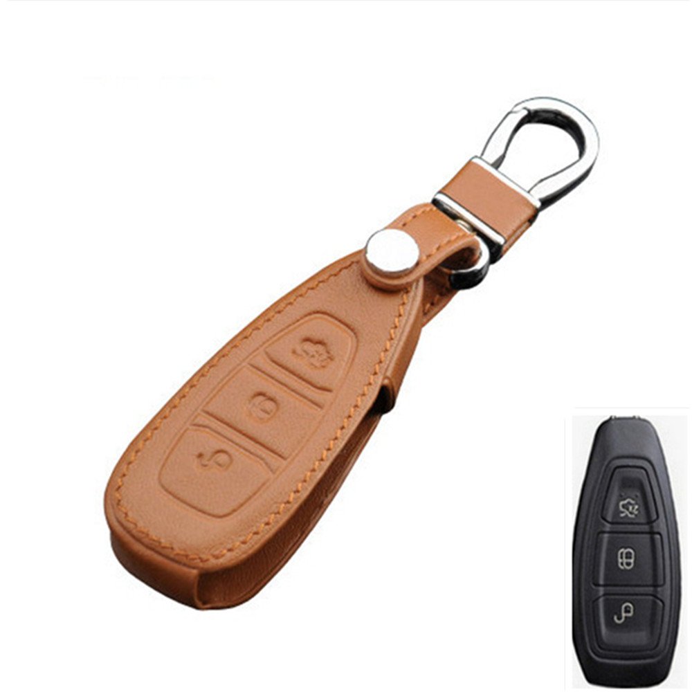 Happyit Brown Genuine Leather Car Remote Control Key Cover Case Keychain For Ford Focus Mk3 Mk4 Kuga Escape Ecosport New Fiesta (Brown)