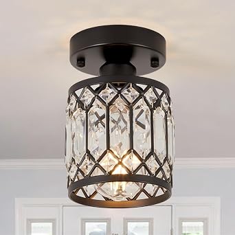Crystal Black Ceiling Lights Modern Semi Flush Mount Ceiling Light Fixture,Farmhouse Rustic Chandelier for Entryway Porch Aisle Corridor Balcony