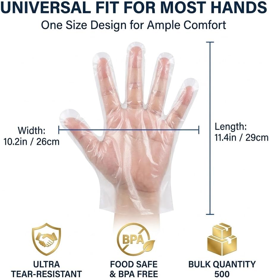 500 Count Disposable Food Prep Gloves, Clear Plastic Gloves for Kitchen Cooking Service and Cleaning, Bulk Pack One Size Fits Most, Transparent Hand Protective Cover for Food Handling