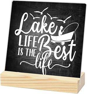Acrylic Sign Desktop Decor Lake Life Is The Best Fishing Scene With Birds And Boat For Home Office Study 4 By 4 Inch