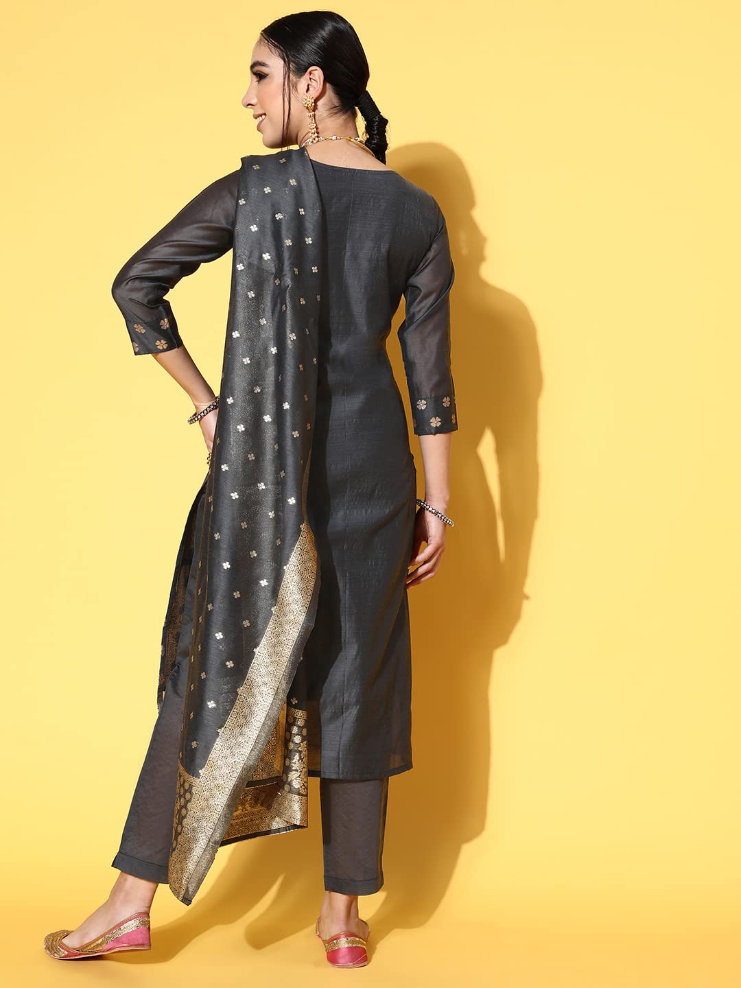 arriva fab Women's Sequin Work Chanderi Print Straight Fit Side Slit Kurta Set (AR7093-S) Grey 3