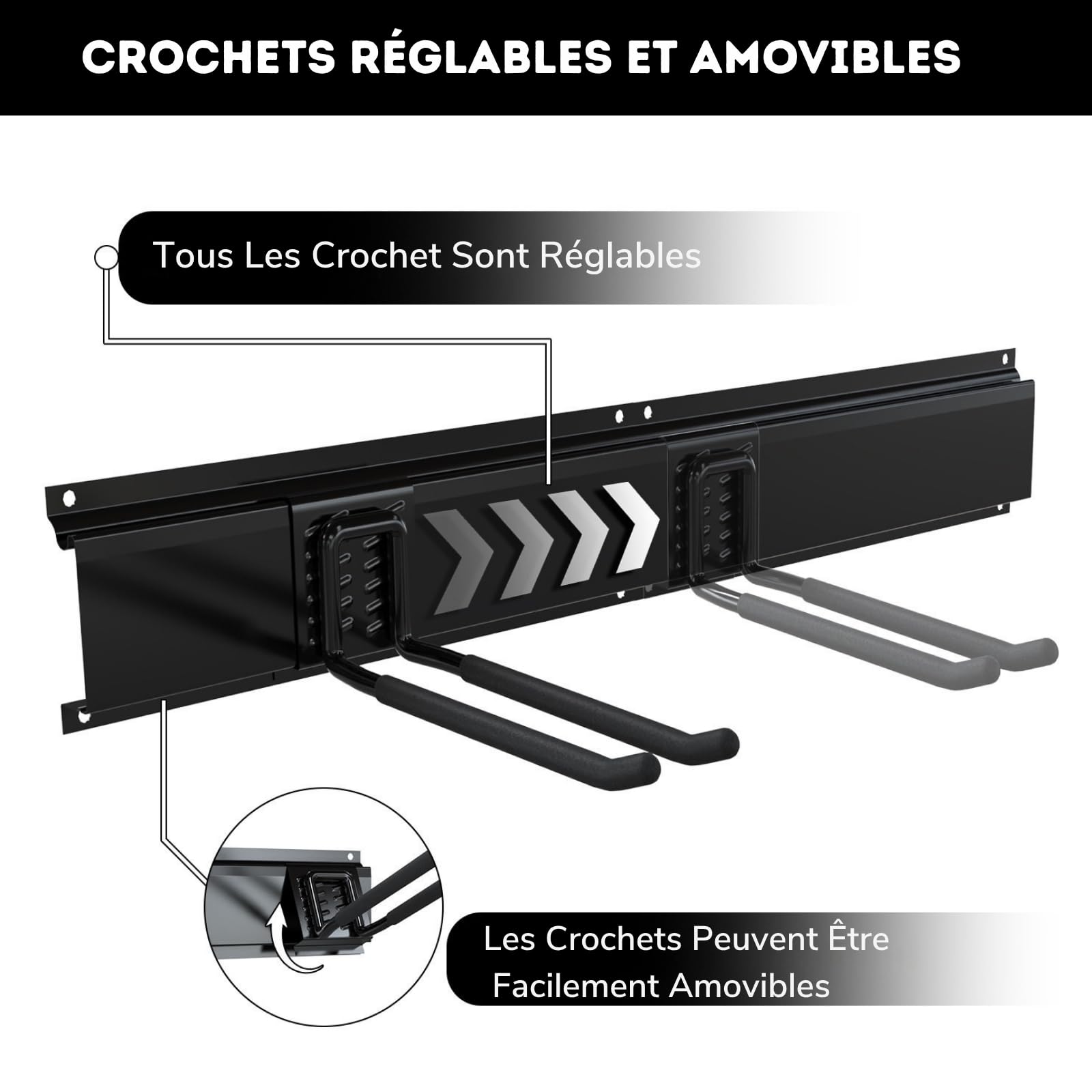 3-H Porte Outils Mural Jardin 120cm, Range Outils de Jardin en Acier Carbone avec 3 Rails & 10 Crochets de Garage Réglables & 4 Crochets S & 4 Sangles | Support Mural Modulable pour Ski Balai Râteau