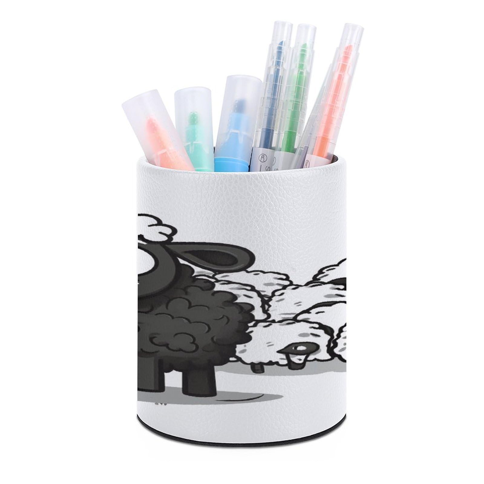 MUSM Cartoon Black White Sheep Pen Holder Round PU Leather Pencil Cup Waterproof Pencil Holder for Desk Pen Cup Pen Organizer Pencil Organizer Makeup Brush Holders for Home Office Decor