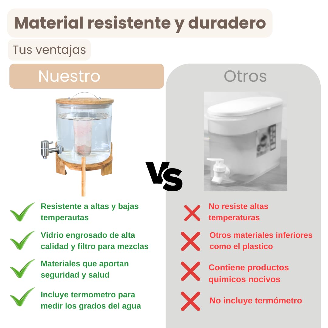 Dispensador de Bebidas de Cristal con Grifo, Piedras Terapéuticas, Tapa y Soporte Madera de Bambú - Incluye Filtro para Mezclar en Interior - 5 Litros
