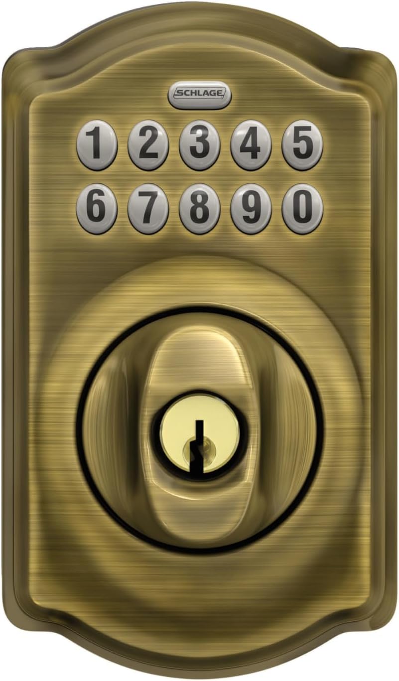 Schlage BE365 CAM 609 Camelot Keypad Deadbolt, Electronic Keyless Entry Lock, Antique Brass