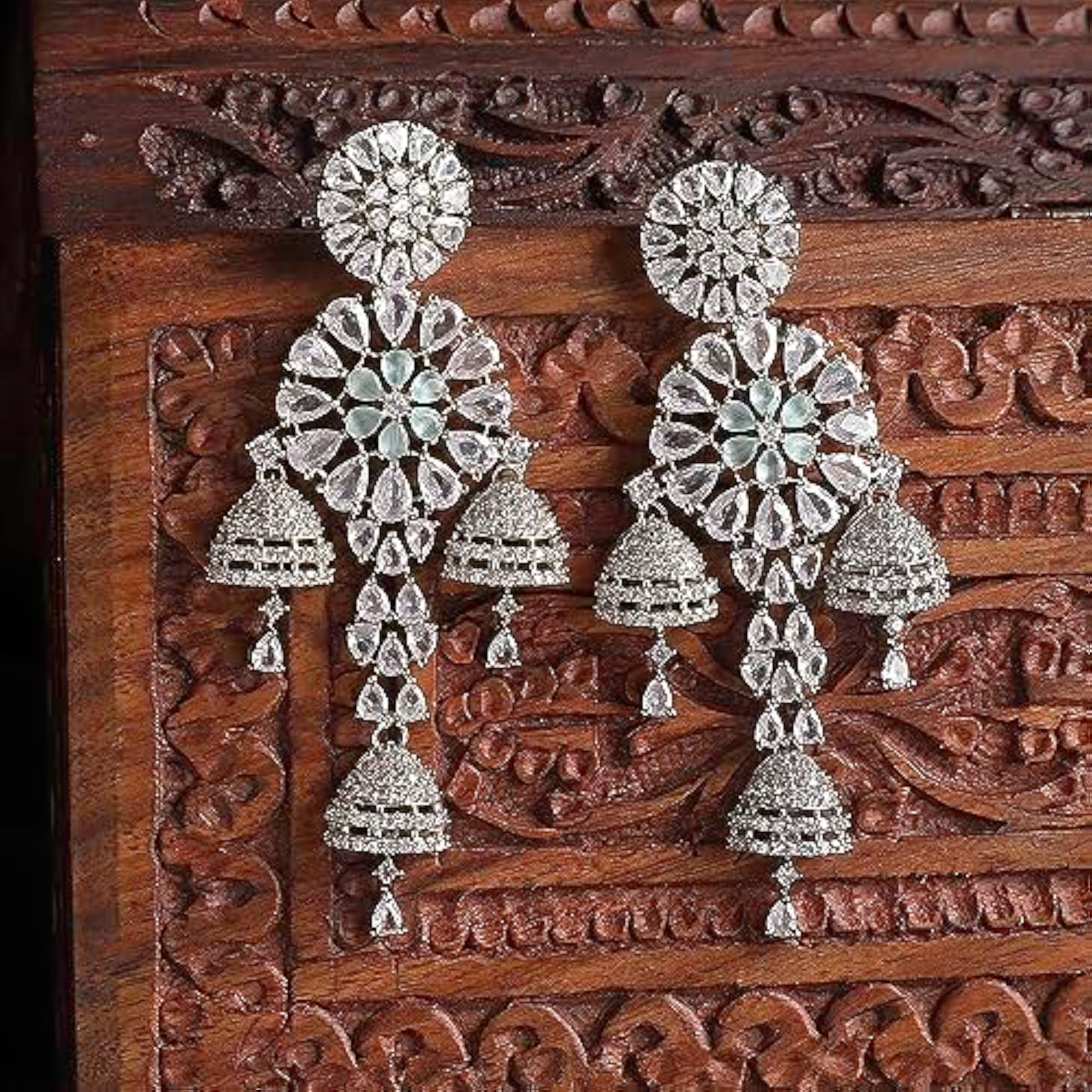 Rhodium-Plated Circular Drop Earrings with American Diamond Studs