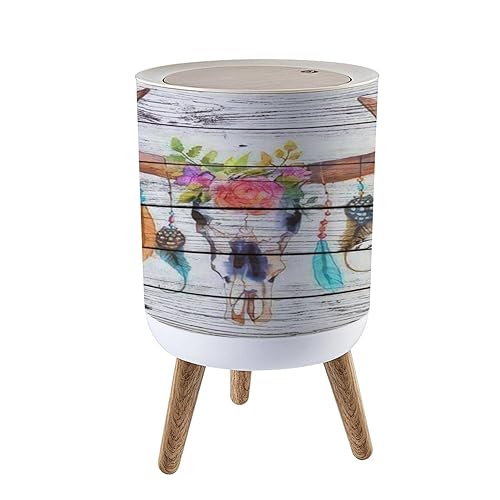 Bote de basura pequeño con tapa, diseño de acuarela, toro, calavera, flores, plumas, cubo de basura redondo, cubierta de prensa, a prueba de perros,