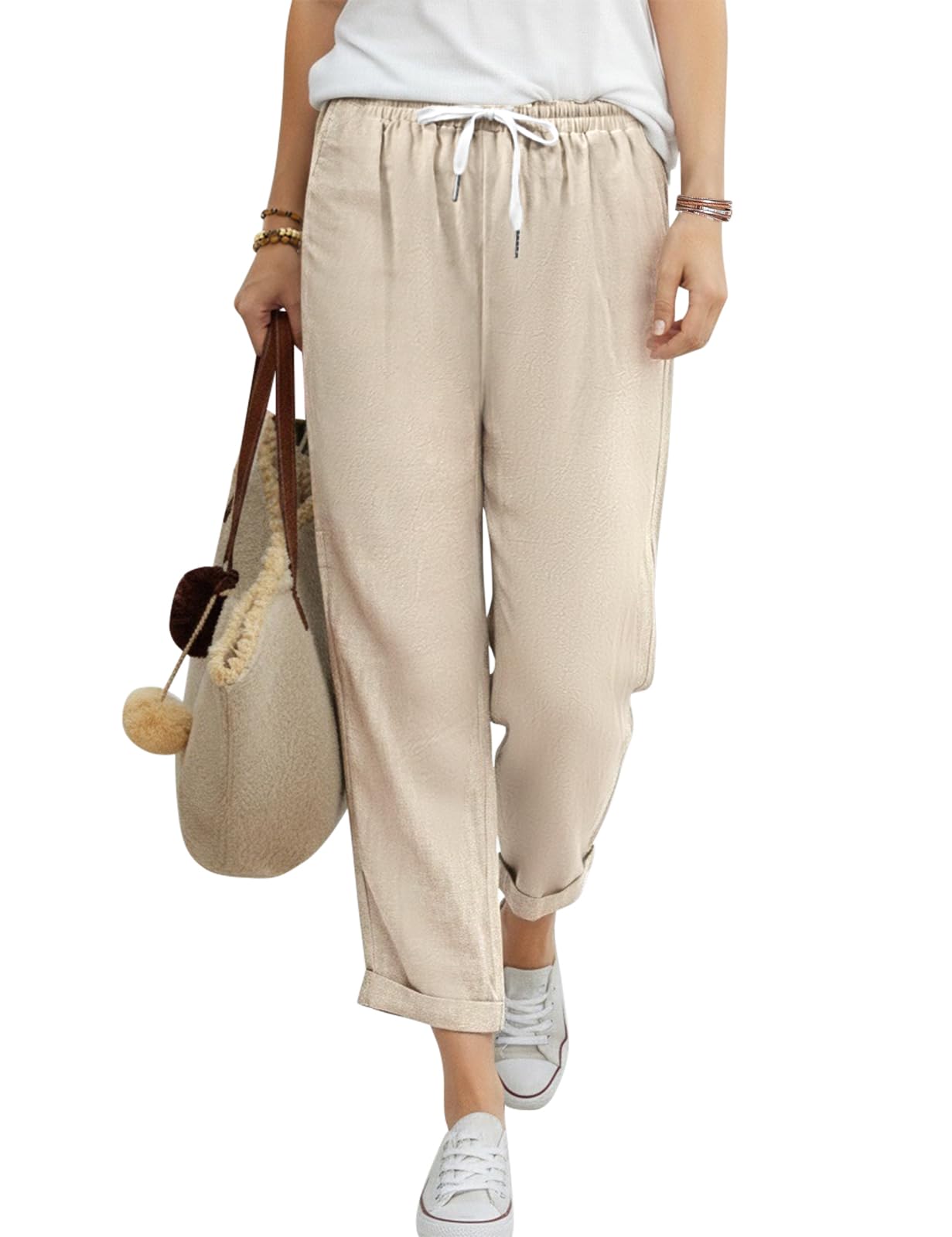 CMTOP Pantalon Femme Été Coton 7/8 Pantalons Taille Elastique Pantacourt Fluide Droit Pantalon Loisirs Léger Longueur Pants Décontractée Ample Solide Couleur de Plage avec Poches