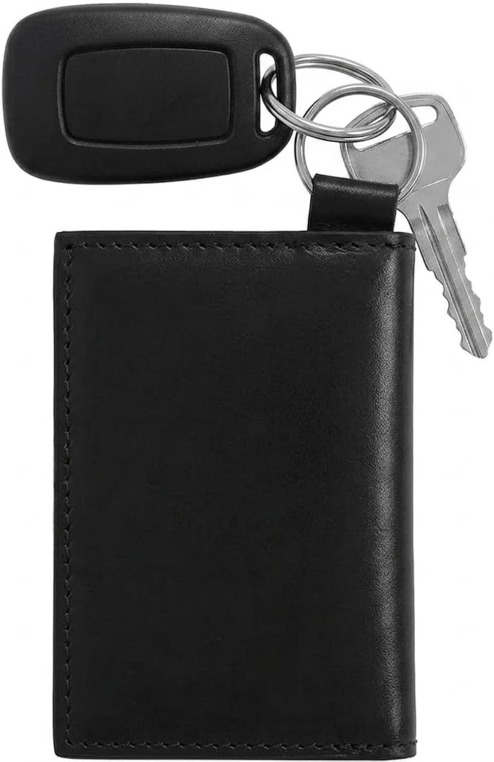 100% Genuine Leather Card Holder ID Window for Men & Women, Compact Key Organizer Case with Snap Button & Ring, Slim Pocket Size (Black, One Size)