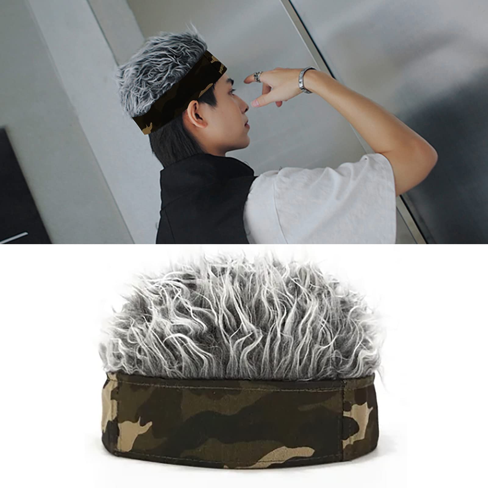 Men's Camouflage Grey Wig Hat - Adjustable Funny Short Hair Artificial Wig Headband Costume Party Accessory for Men - Image 3
