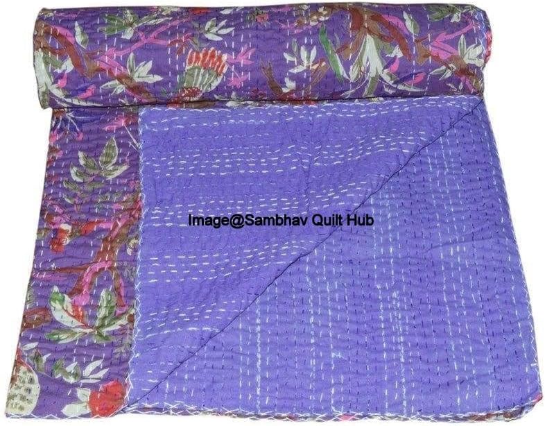 Queen/Twin/King Purple Handmade Bird Home Decor Bed Bohemian Bird Queen Bedspread Handcrafted Handmade Quilt Kantha Bird Print Cover Unique Blanket Bedding Quilt (90X108 inch)