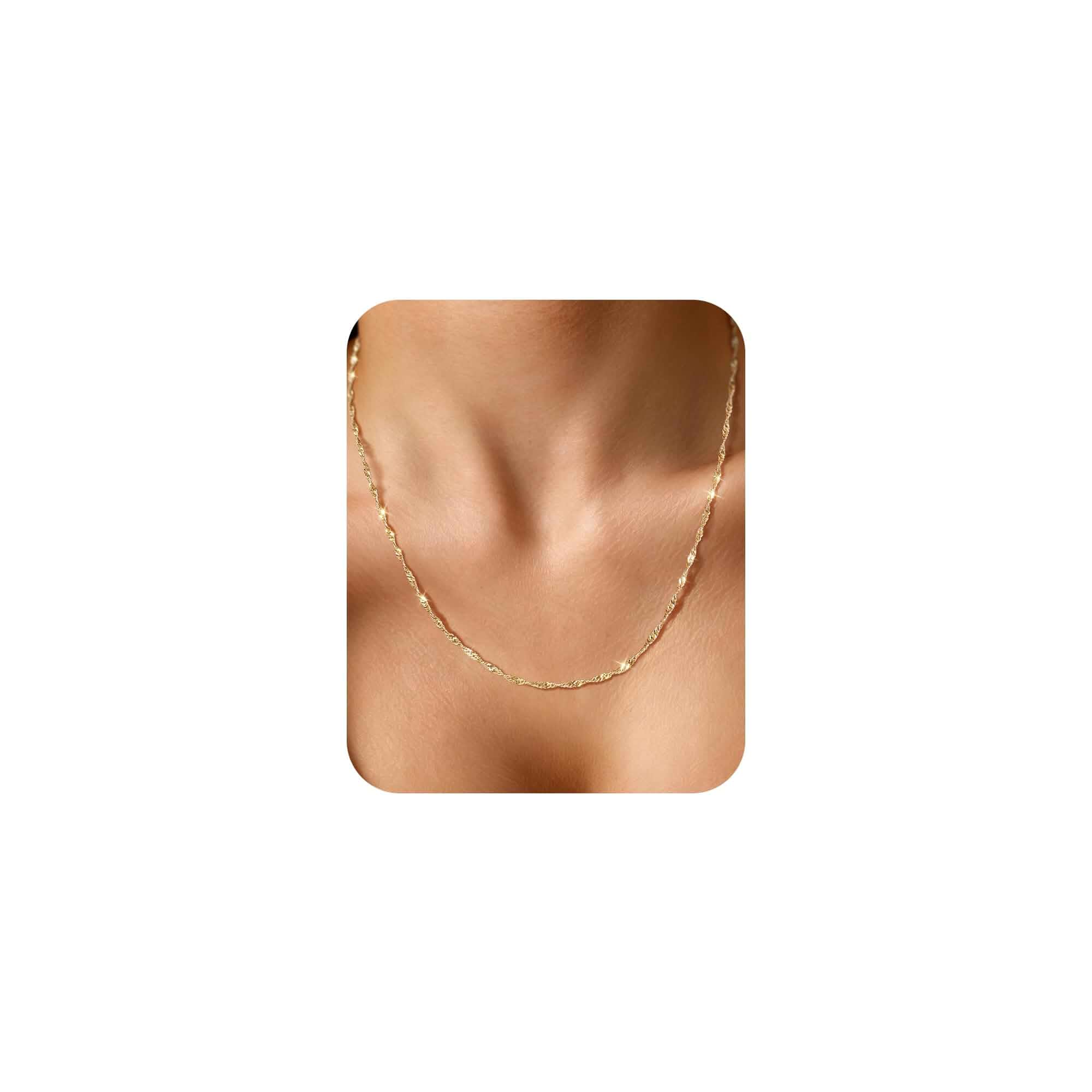 14K Gold/Sterling Silver Plated Dainty Twist Thin Chain Necklace for Women Non Tarnish Necklace Chain 2mm Singapore Chain Adjustable Shiny Layered Choker Stack Necklaces Jewelry Gift 16 18 20 22inch