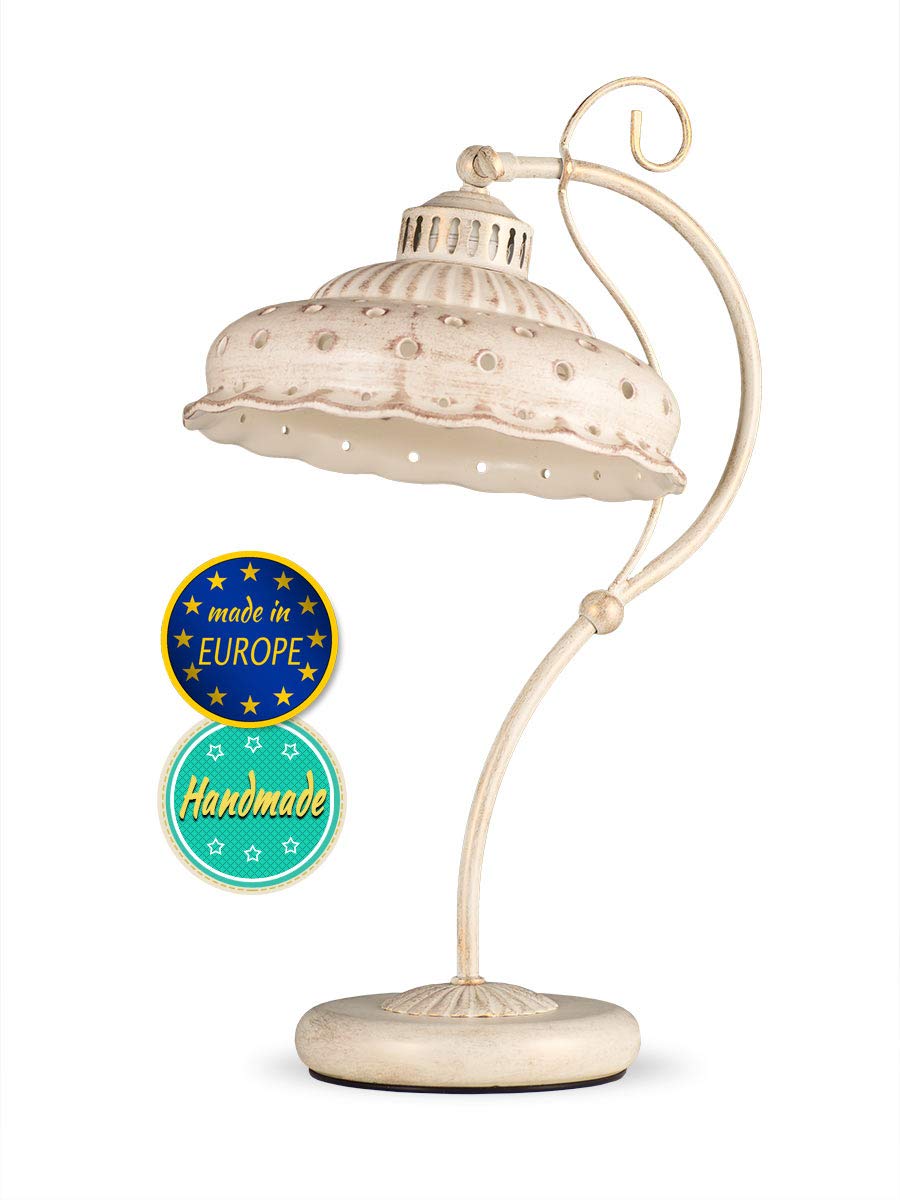 Tischlampe Keramik shabby weiß beige handbemalt Landhausstil Nachtischlampe