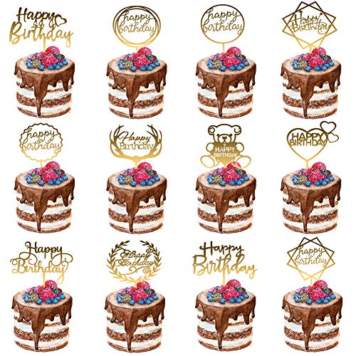 Opopark 12 Pezzi Topper per Torte Compleanno Happy Birthday Cake Toppers Acrilico Cupcake Toppers Decorazione per Festa di Compleanno, Dorata