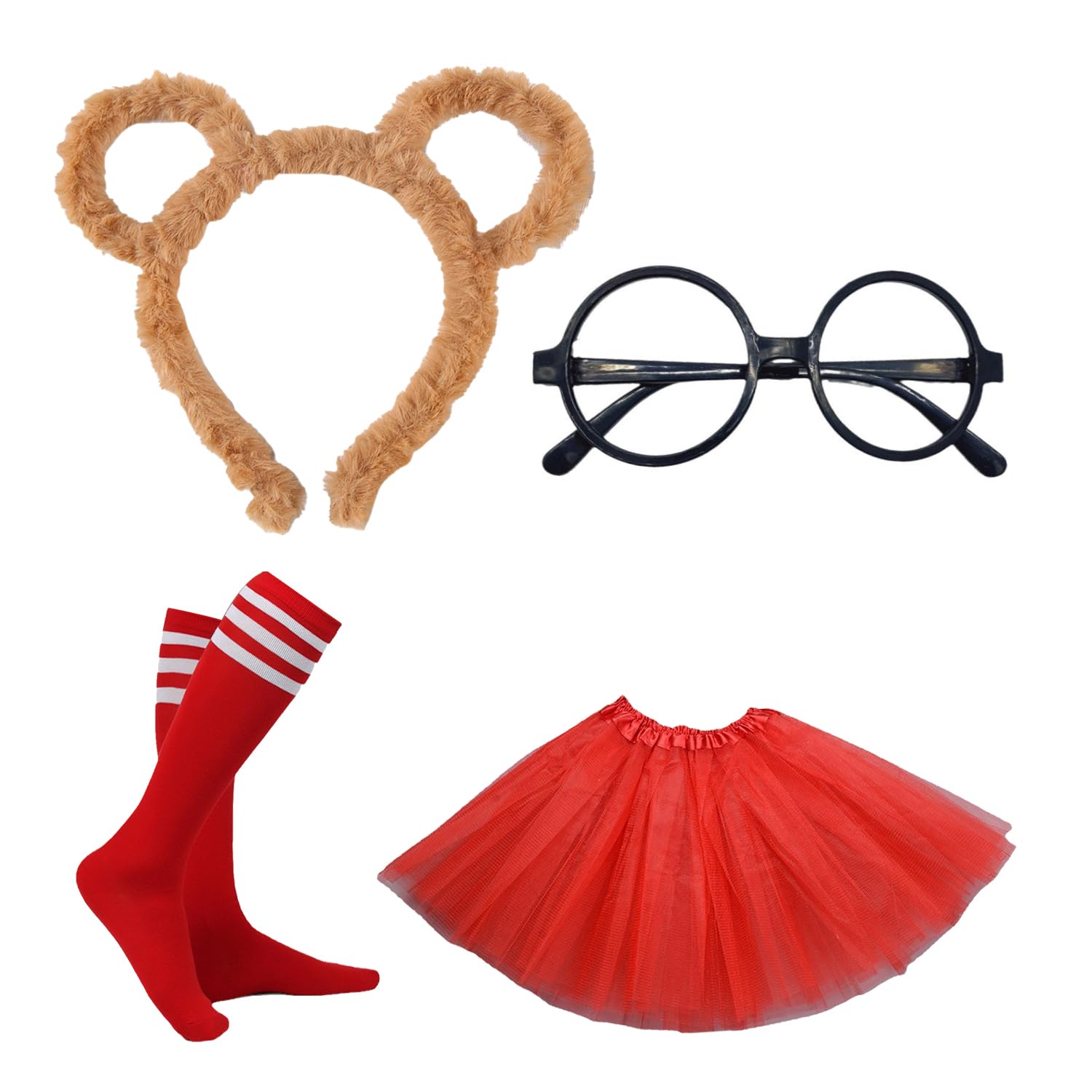 XNHIU 4pcs Chipmunks Costumes Set Chipmunk Headband Red Tutu Skirt Glasses and Socks Halloween Animal Costumes for Adult Teens Party