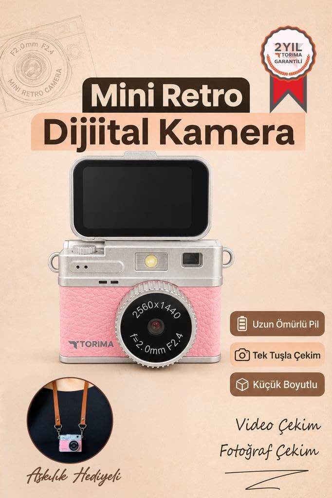 Torima Mini Dijital Kamera 2K Flip Ekranlı Selfie Video Vlog Kamerası CMR49 Pembe