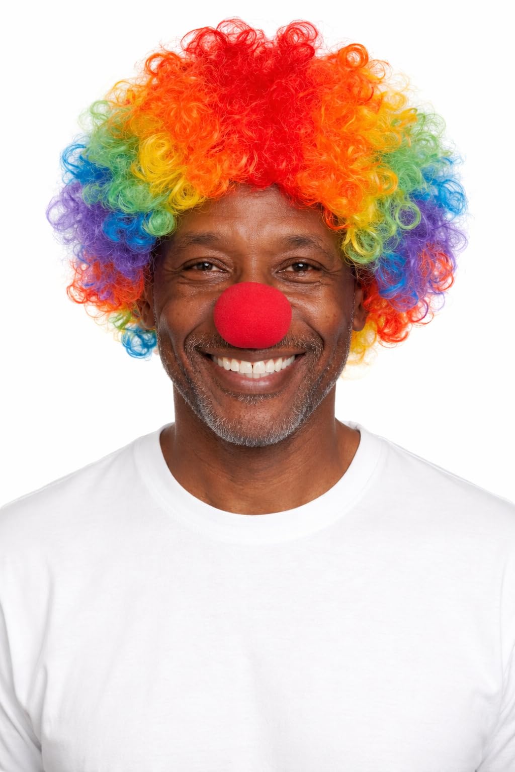 NuJake Clown Costume Set Red Nose & Wig Multicoloured Rainbow Afro Fancy Dress Outfit