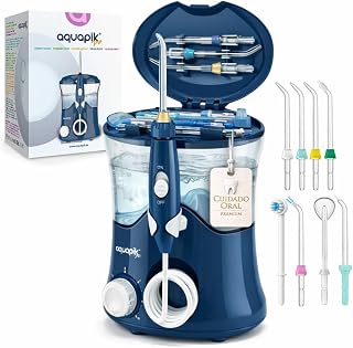 Irrigador dental Aquapik PRO sobremesa 10 niveles de presión, Rotación 360º, 600 mL 8 boquillas, manguera 100 cm, impermeable IPX7 Elimina la placa protege las encías y cuida tu ortodoncia (Azul)