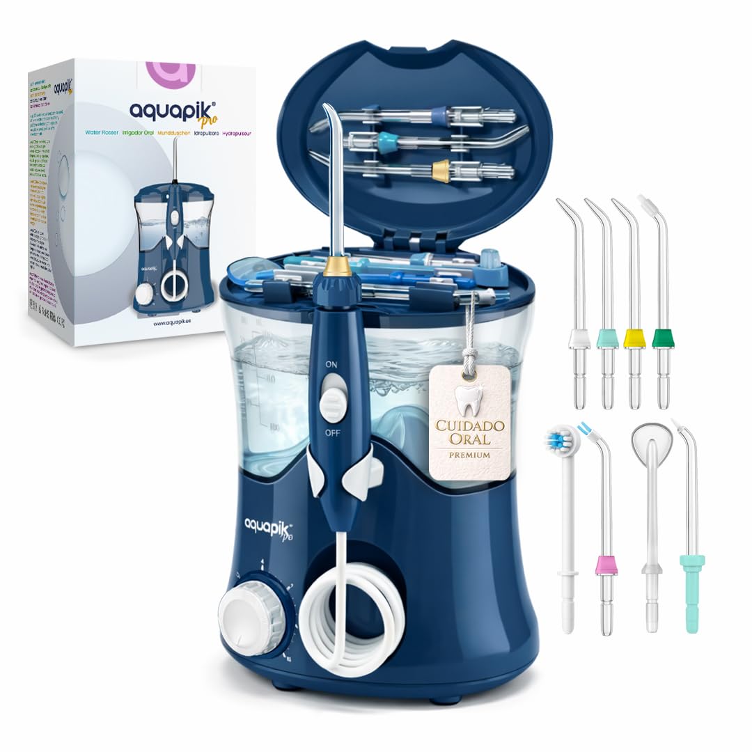 Irrigador dental Aquapik PRO sobremesa 10 niveles de presión, Rotación 360º, 600 mL 8 boquillas, manguera 100 cm, impermeable IPX7 Elimina la placa protege las encías y cuida tu ortodoncia (Azul)