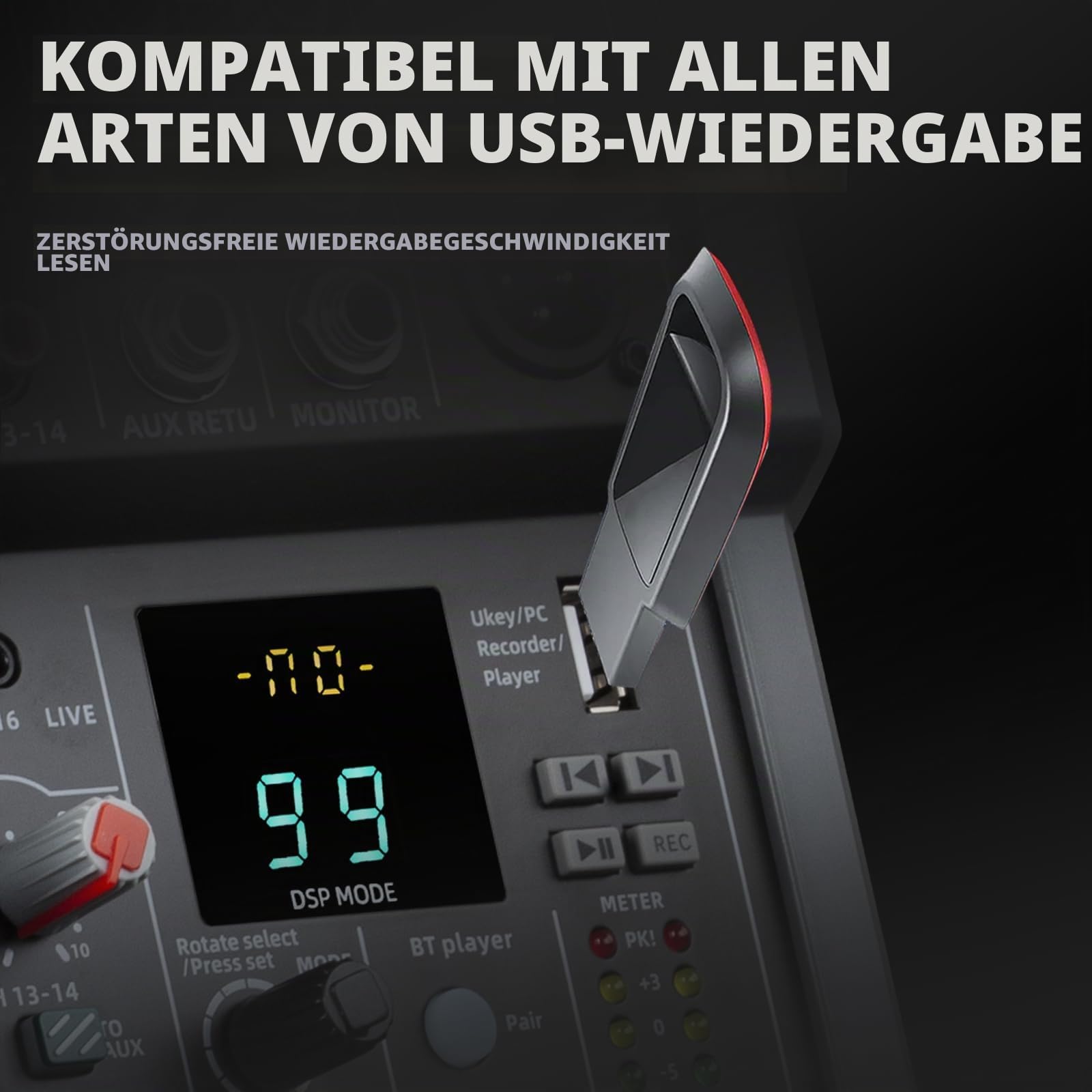 Audio-Mischer, 16-Kanal DJ Bluetooth Studiomischer mit 99 DSP-Effekten USB-Antrieb + 48V Phantom Power, XLR-Mikrofonbuchse Profi-Mischer für Karaoke-Studio Streaming Aufnahme