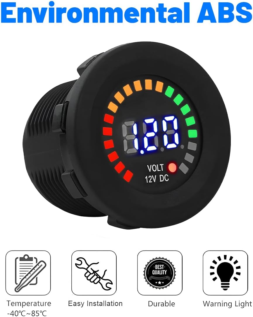 Car Voltage Gauge, 12V LED Digital Display Vehicle Voltmeter Gauge with Terminals, Round Panel Automotive Battery Voltage Tester, Universal for SUV RV Truck