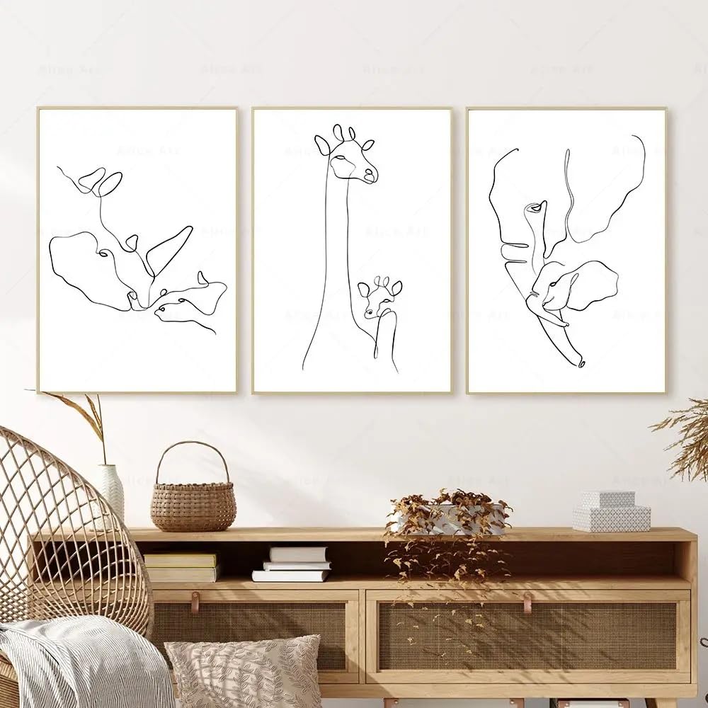Impresiones en lienzo, pintura de elefante y jirafa, pósteres, dibujo lineal de animales, arte de pared para guardería, imagen para habitación infantil, decoración del hogar (60 x 80 cm, 3 piezas)