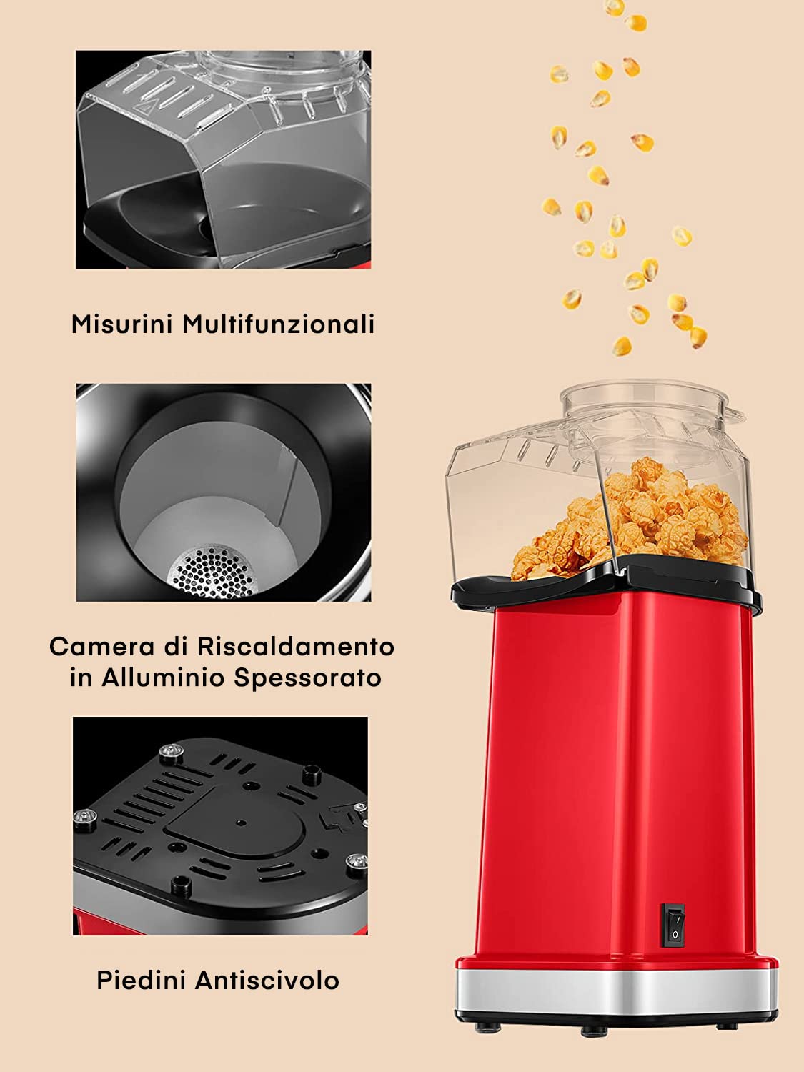 FOHERE Macchina Popcorn, 1400w Macchina per Popcorn, Pop Corn Macchina, si Apre in 2 Minuti, 17 Tazze, Rivestimento Antiaderente in Alluminio, Snack Senza Olio e a Basso Contenuto di Grassi