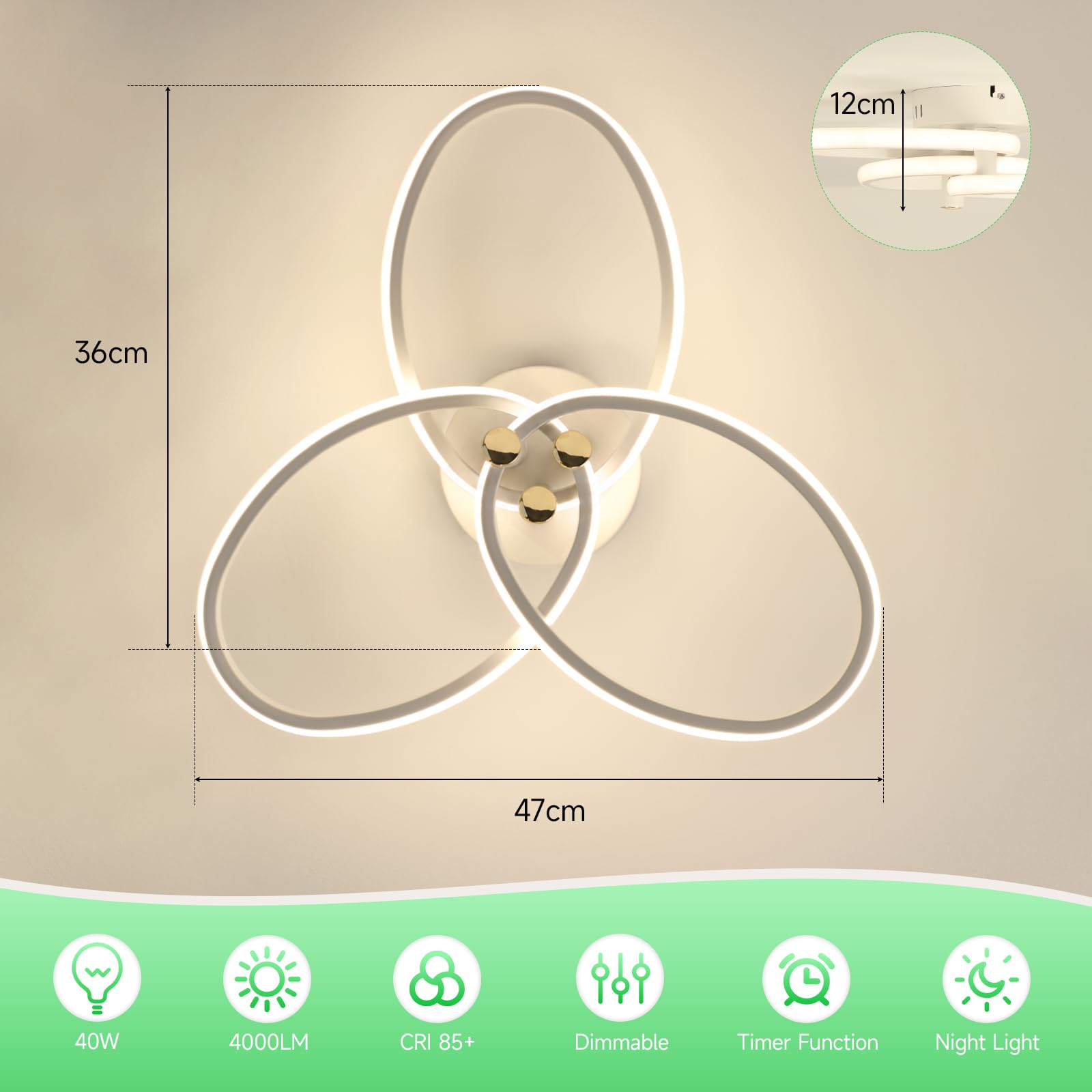 OTREN Lampadario Camera da Letto Dimmerabile 47cm 40W con Telecomando | 3000K-6500K, luce notturna, timer, funzione memoria, per soggiorno, cucina