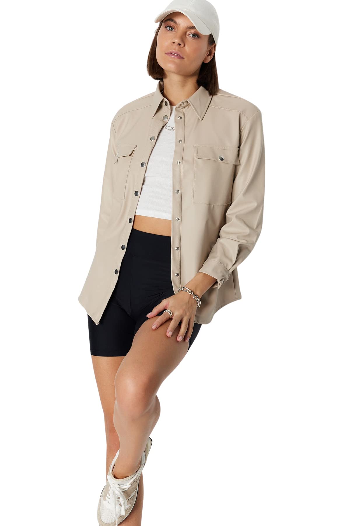 Trendyol FeMan Regular fit Basic Shirt Collar Woven Shirt Stone