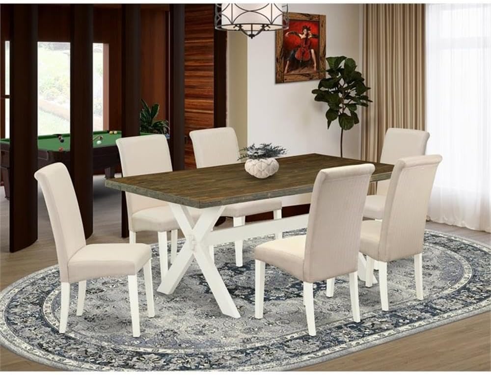 East West Furniture X077BA201-7 7 Piece Dinette Set Consist of a Rectangle Dining Room Table with X-Legs and 6 Cream Linen Fabric Upholstered Parson Chairs, 40x72 Inch, Multi-Color