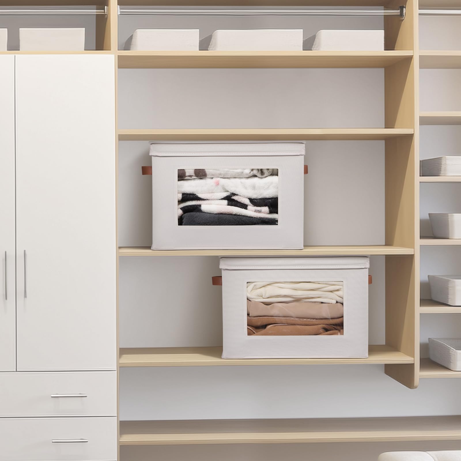 Univivi Aufbewahrungsboxen mit Deckel, Stoff, faltbarer Aufbewahrungsbehälter für Kleidung, [3er-Pack] Schrank-Organizer, Behälter mit Griffen für Zuhause, Schlafzimmer, Schrankaufbewahrung (Beige