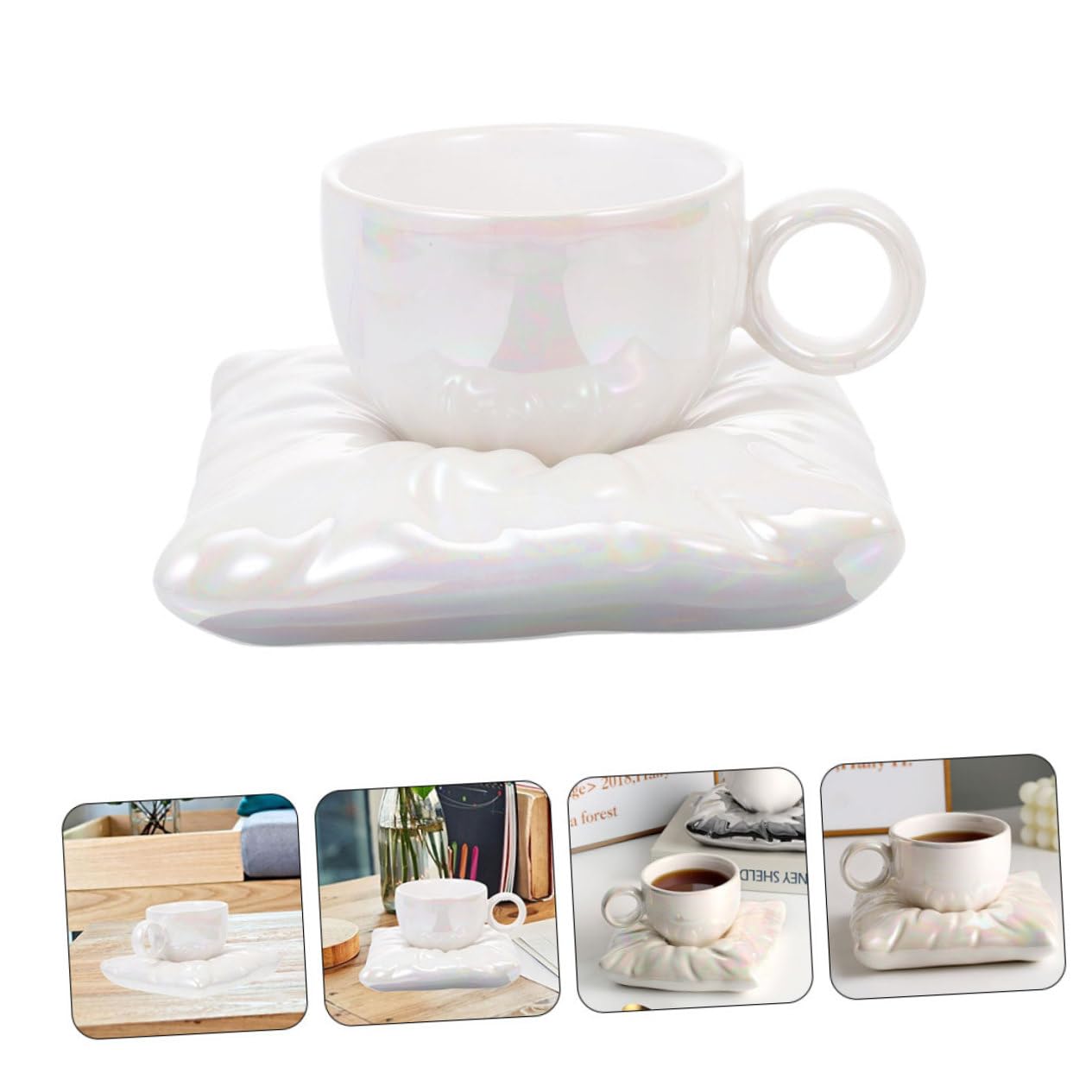 IMIKEYA Taza de Café Doméstica 200ml de Cerámica con Bandeja | Color Blanco, Forma de Almohada, Uso Diario y Mesa de Café, Incluye Posavasos