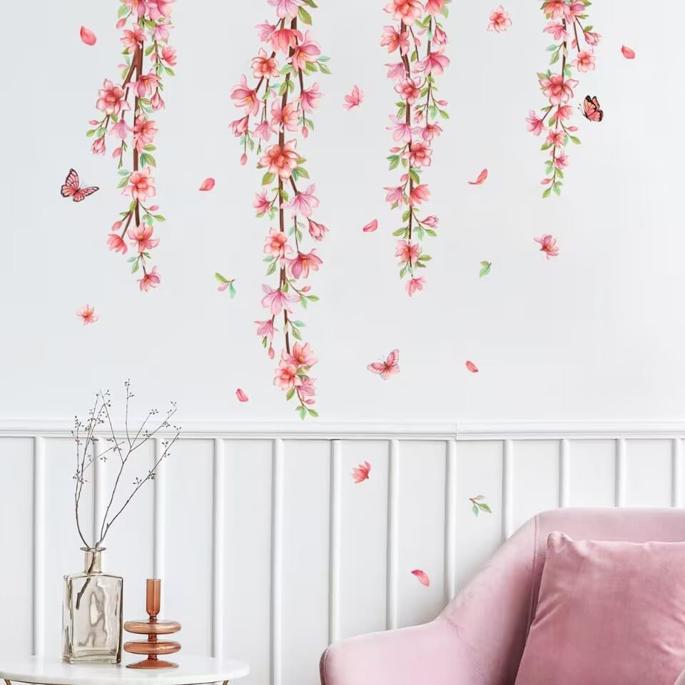 Hanging Vines with Cherry Blossom Wall Stickers Pink Flower