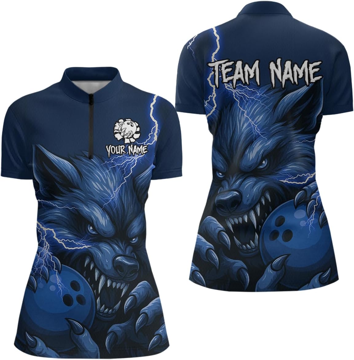 Wolf Bowling Shirts for Team Women Men Custom Bowling Jerseys Blue Wolf Bowling Polo and Bowl Quarter Zip Shirt League