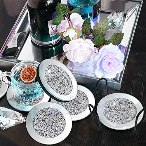 Glitter Glass Mirrored Coasters for Drink, Sets of 6 Decorative Glass Plates Drink Coasters with Holder, DILIBRA Great Gift for Birthday Housewarming Bar Home Decor - Suitable for Kinds of Cups